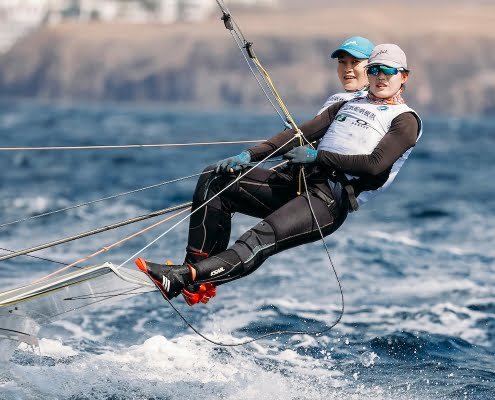 49erFX Weltmeisterschaft 2024 Lanzarote: Video 1. Tag CHN 121 Xiaoyu Hu und Mengyuan Shan auf dem 1.Platz